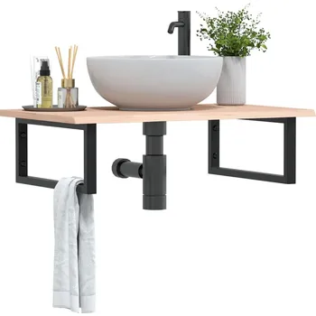 Koupelnový nábytek Deska pod umyvadlo nástěnná ocel a masivní dubové dřevo Hnědá3302597