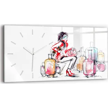 Hodiny Ozdobné nástěnné hodiny s krásnou grafikou 60 cm x 30 cm Žena Cestování Kufry