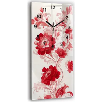Hodiny Vertikální skleněné nástěnné hodiny do obýváku s motivem červených květů 30x60 cm