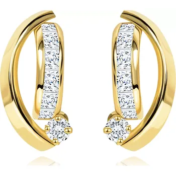 Náušnice Náušnice ze žlutého 14K zlata - dva lesklé oblouky, zirkony čiré barvy
