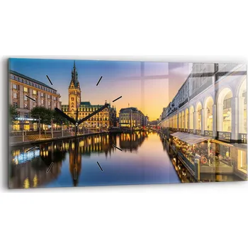 Hodiny Moderní skleněné hodiny s grafikou na zeď 60 cm x 30 cm Radnice v Hamburku
