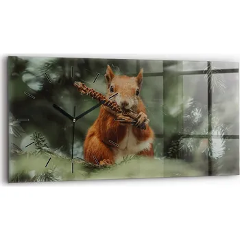 Hodiny Nástěnné horizontální skleněné hodiny s motivem veverky a divoké přírody 60x30 cm