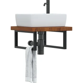 Koupelnový nábytek Deska pod umyvadlo nástěnná ocel a masivní dubové dřevo Hnědá3302413