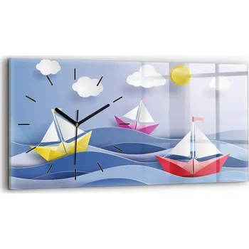 Hodiny Moderní skleněné nástěnné hodiny horizontální 60x30 cm Origami barevné plachetnice