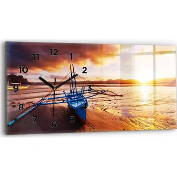 Hodiny Moderní skleněné nástěnné hodiny s potiskem 60x30 cm Loďka a západ slunce