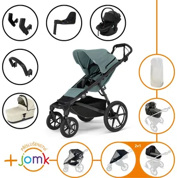 Kočárek Set 11v1 Thule Urban Glide 4-wheel Mid blue + madlo + korbička Soft beige + příslušenství JOMK + autosedačka Thule Maple Black s ISOFIX základnou Thule Alfi a adaptéry