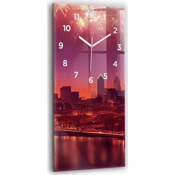 Hodiny Vertikální skleněné nástěnné hodiny s grafikou Noční město ve Philadelphii 30x60 cm