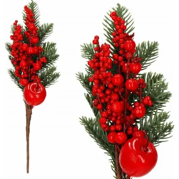 Vánoční dekorace SPRINGOS Větvička s jeřebinami a jablíčkem 32 cm