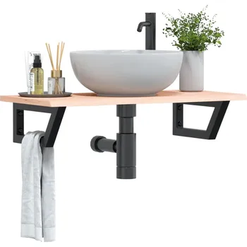 Koupelnový nábytek Deska pod umyvadlo nástěnná ocel a masivní dubové dřevo Hnědá3302547