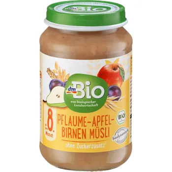 Dětská výživa dmBio bio příkrm švestka, jablko, hruška & müsli