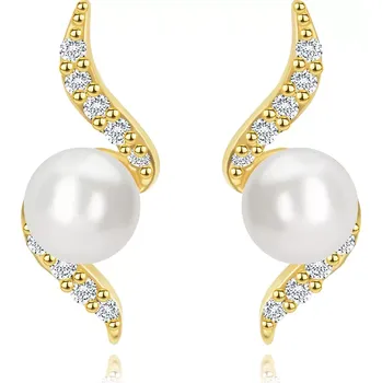 Náušnice Náušnice ze žlutého 14K zlata - třpytivá spirála s perlou bílé barvy