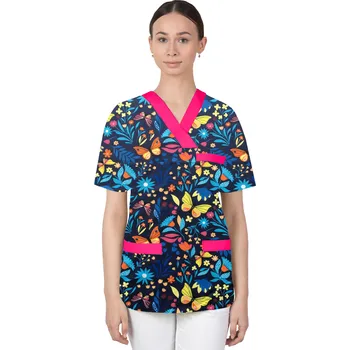 Dámská halenka Dámská vzorovaná zdravotnická halenka M-074G, motýli (Zdravotnické oblečení)