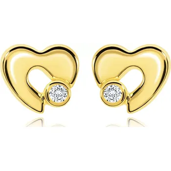 Náušnice Diamantové zlaté náušnice 585 - lesklé srdce s výřezem a čirým briliantem