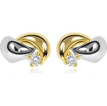 Náušnice Zlaté 14K náušnice s blýskavým diamantem, dvoubarevné obloučky, puzetky