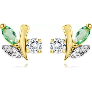 Náušnice Zlaté náušnice 585 - větvička s listy, zelený smaragd, čirý diamant