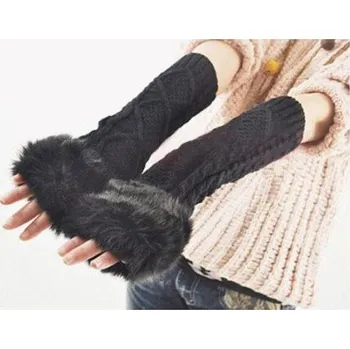 Rukavice Dlouhé černé pletené rukavice bez prstů s kožíškem Cixi Dongkuo PLZEN