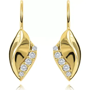Náušnice Náušnice ve žlutém 14K zlatě - lesklý zvlněný list s linií čirých zirkonků