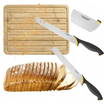 Kuchyňský nůž NŮŽ NA CHLEBA KRÁJECÍ NŮŽ + BAMBUSOVÉ PRKÉNKO NA KRÁJENÍ FISKARS - SADA