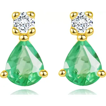 Náušnice Náušnice ze žlutého 14K zlata - slzičkovitý zelený smaragd, kulatý čirý diamant