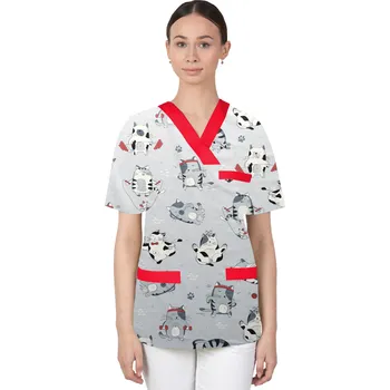 Dámská halenka Dámská vzorovaná zdravotnická halenka M-074G, kočky + červený lem (Zdravotnické oblečení)