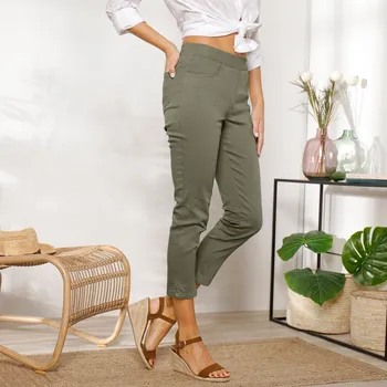 Dámské kalhoty Pohodlné 3/4 kalhoty s pružným pasem khaki 42