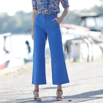 Dámské kalhoty Jednobarevné široké zkrácené kalhoty tmavomodrá 42