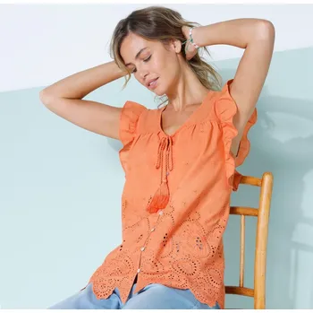 Dámská halenka Madeirová halenka s výstřihem do V a bez rukávů broskvová 42