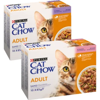 PURINA Cat Chow krmivo pro dospělé kočky s lososem a zelenými fazolkami v želé 10x85g + s jehněčím masem a zelenými fazolkami v želé 10x85g