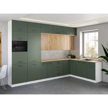 Kuchyňská skříňka Rohová kuchyňská linka WERIA 330x210cm Olive + dub artisan