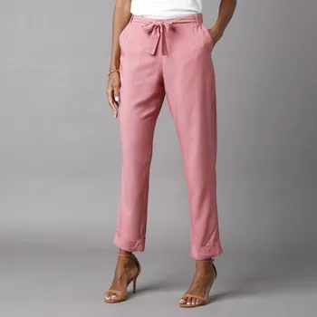 Dámské kalhoty Splývavé 7/8 kalhoty s páskem růžové dřevo 44