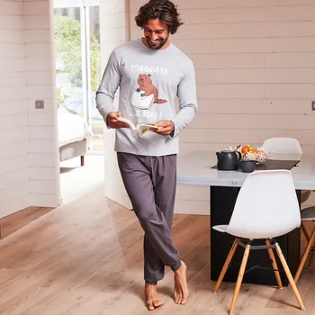 Pánské pyžamo Pyžamo s kalhotami a dlouhými 		rukávy, s potiskem sviště šedý melír 77/86 (S)