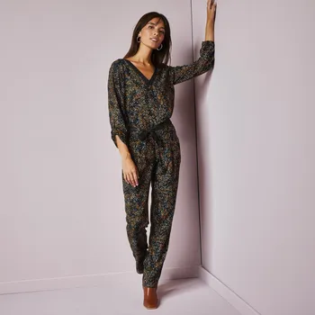 Dámské kalhoty Chino kalhoty s potiskem a páskem, krep černá/khaki 50