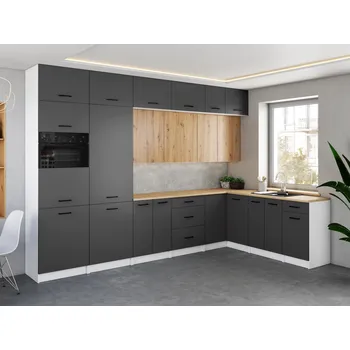 Kuchyňská skříňka Rohová kuchyňská linka WERIA 330x210cm Grafit + dub artisan