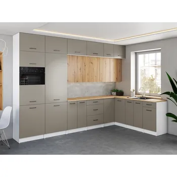 Kuchyňská skříňka Rohová kuchyňská linka WERIA 330x210cm Kamenný + dub artisan