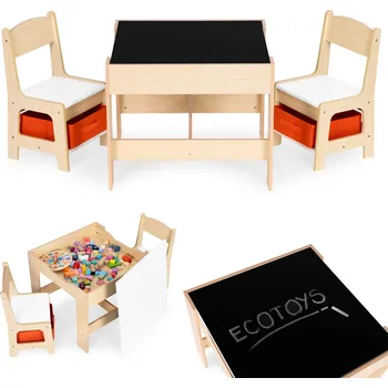 Dětský stůl Dětský dřevěný stolek s židličkami a úložným prostorem ECOTOYS - přírodní ZKC-1C