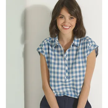 Dámská halenka Kostkovaná halenka s výstřihem na knoflíčky modrá 36