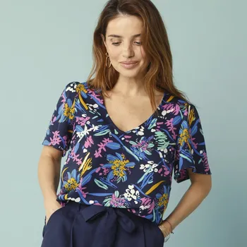 Dámská halenka Halenka s potiskem a krátkými rukávy, pro menší postavu nám. modrá/zelená 42