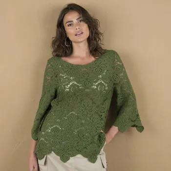 Dámská halenka Halenka z macramé se 7/8 rozšířenými rukávy khaki 52