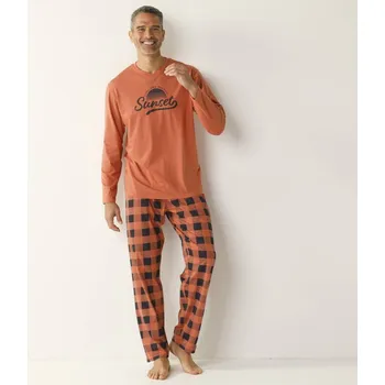 Pánské pyžamo Kostkované bavlněné pyžamo s dlouhými rukávy a kalhotami meruňková 117/126