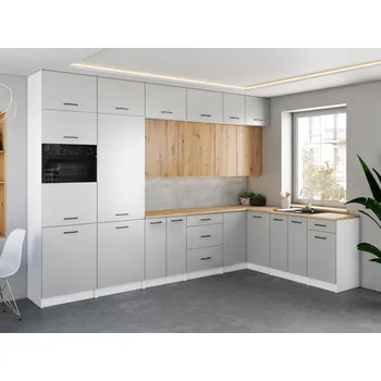 Kuchyňská skříňka Rohová kuchyňská linka WERIA 330x210cm Popel + dub artisan