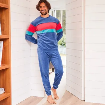 Pánské pyžamo Velurové pyžamo s barevnými pruhy námořnická modrá 127/136 (3XL)