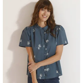 Dámská halenka Halenka s krátkými rukávy, volánkem a potiskem modrošedá 36