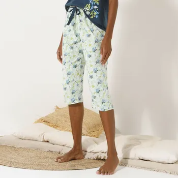 Dámské pyžamo 3/4 pyžamové kalhoty s potiskem okvětních lístků lipová/režná 46/48