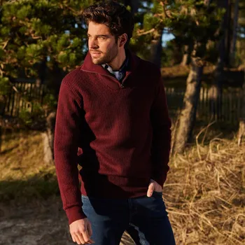 Pánský svetr Pulovr se stojáčkem na zip, hladký úplet s 30 % vlny bordó 117/126 (XXL)