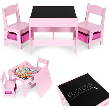 Dětský stůl Dětský dřevěný stolek s židličkami a úložným prostorem ECOTOYS - růžová ZKC-1B