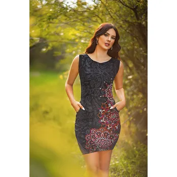 Dámské šaty Himalife Balonové šaty Lhasa - černá s červenou a oranžovou Velikost: 3XL - Móda pro plnoštíhlé, Oblečení nadměrné velikosti