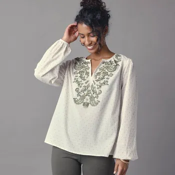 Dámská halenka Halenka s výšivkou a nabíranými rukávy režná/khaki 40