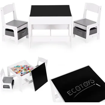 Dětský stůl Dětský dřevěný stolek s židličkami a úložným prostorem ECOTOYS - šedá/bílá ZKC-1A