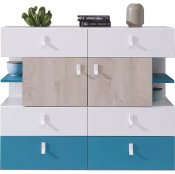 Dětská skříň Komoda PLANET PL8 Bílá lux + dub + námořní modrá