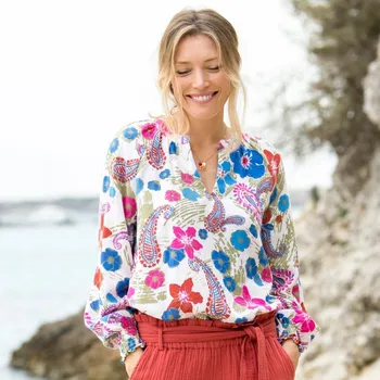 Dámská halenka Halenka s potiskem, mušelín režná/purpurová 48